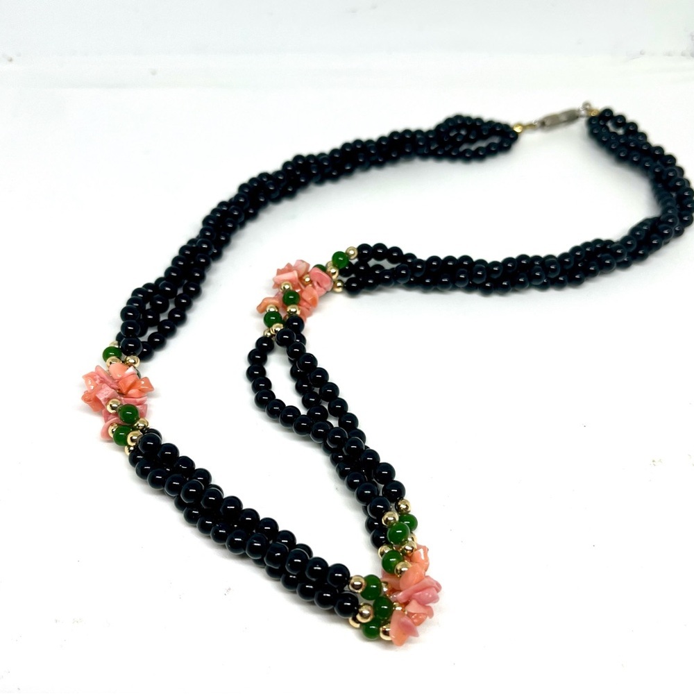 Vintage Onyx, Coral & Jade Necklace